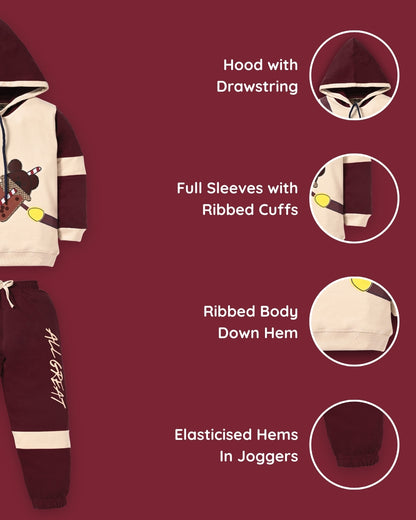 Boba Bear Full Sleeves Hooded Sweatshirt and Joggers Set | Maroon