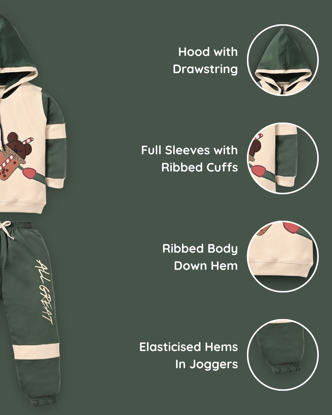 Boba Bear Full Sleeves Hooded Sweatshirt and Joggers Set | Green
