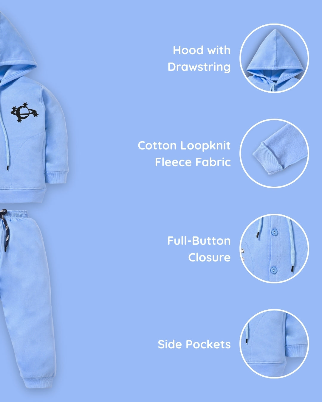 Little Astronaut Full Sleeves Fleece Front-Open Hooded Sweatshirt and Joggers Set | Blue