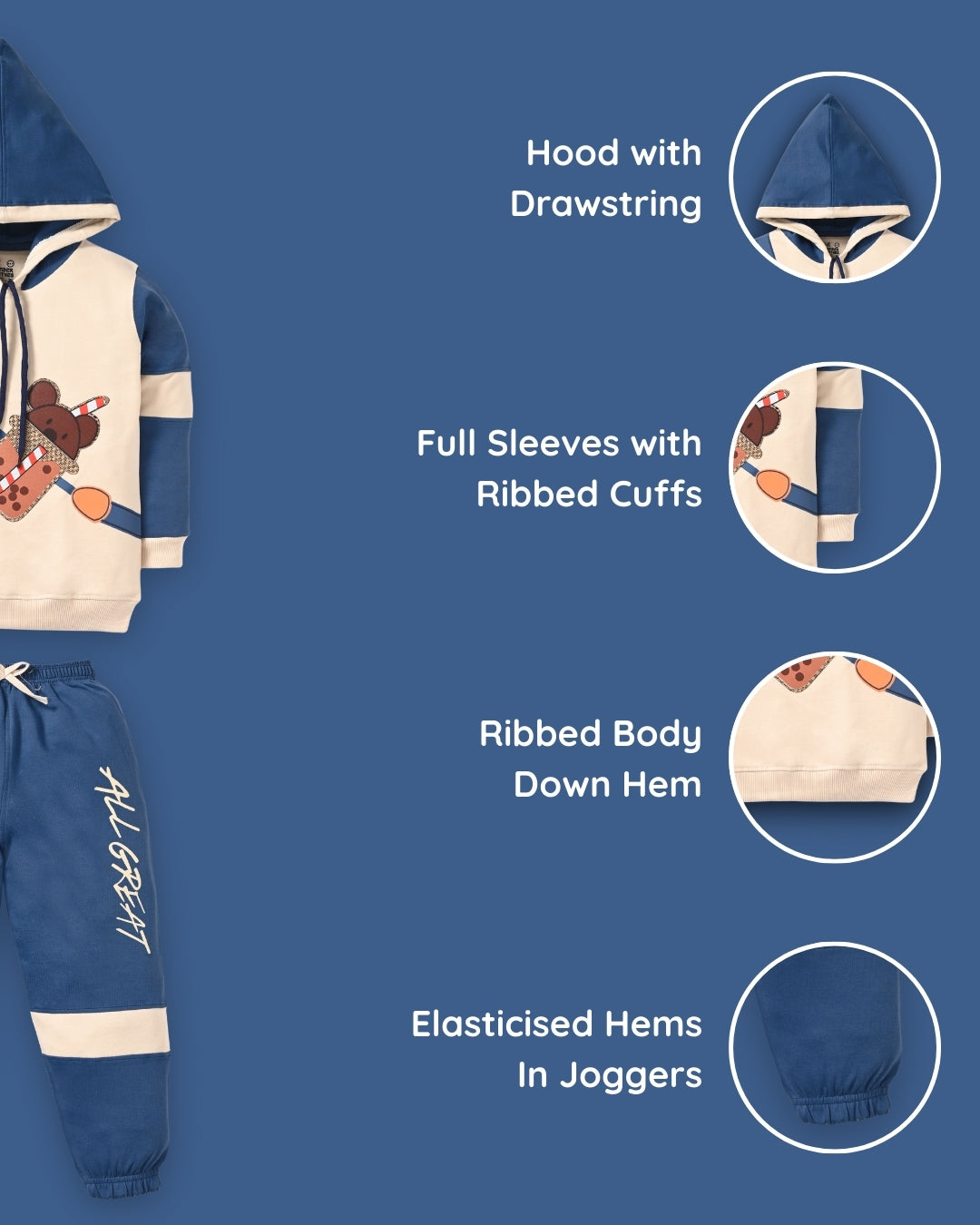 Boba Bear Full Sleeves Hooded Sweatshirt and Joggers Set | Blue