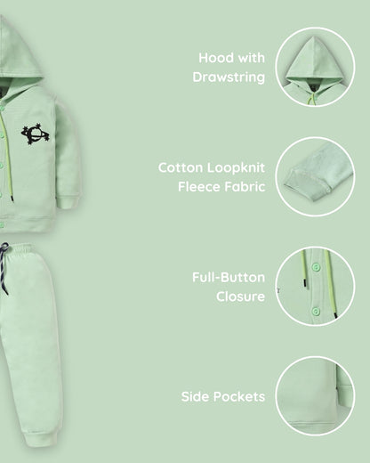 Little Astronaut Full Sleeves Fleece Front-Open Hooded Sweatshirt and Joggers Set | Green