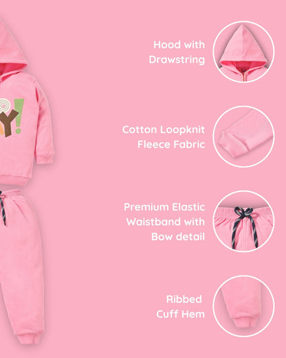 No Way Full Sleeves Fleece Hooded Sweatshirt and Joggers Set | Pink