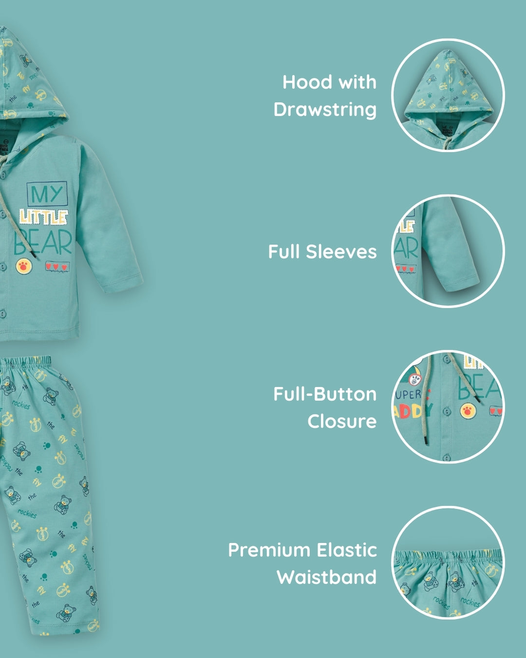 Little Bear Full Sleeves Front Open Hooded T-Shirt & Pyjama Set | Green