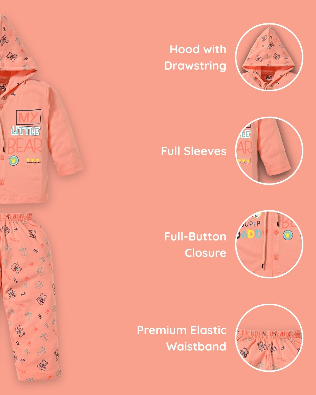 Little Bear Full Sleeves Front Open Hooded T-Shirt & Pyjama Set | Orange
