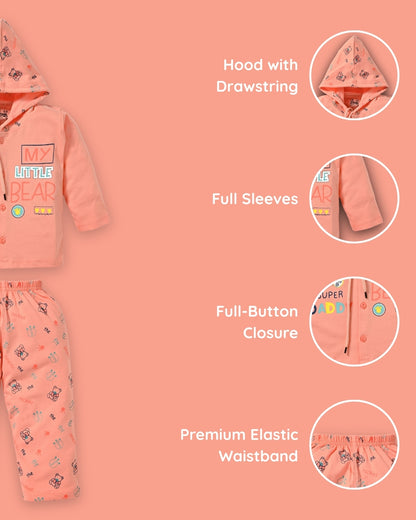 Little Bear Full Sleeves Front Open Hooded T-Shirt & Pyjama Set | Orange