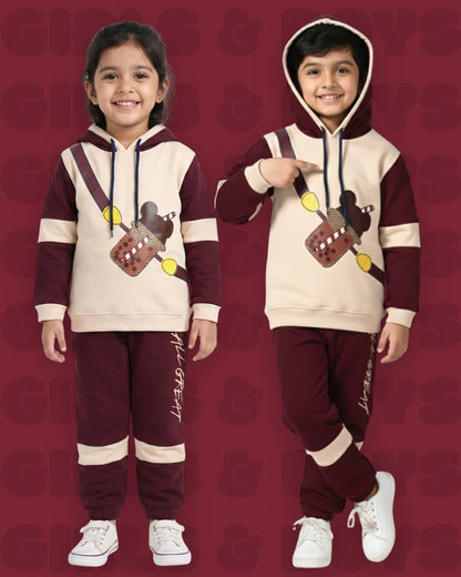 Boba Bear Full Sleeves Hooded Sweatshirt and Joggers Set | Maroon