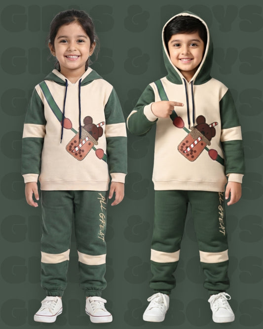 Boba Bear Full Sleeves Hooded Sweatshirt and Joggers Set | Green