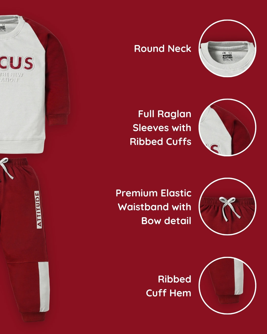 Focus Raglan Full Sleeves Sweatshirt and Joggers Set | Maroon