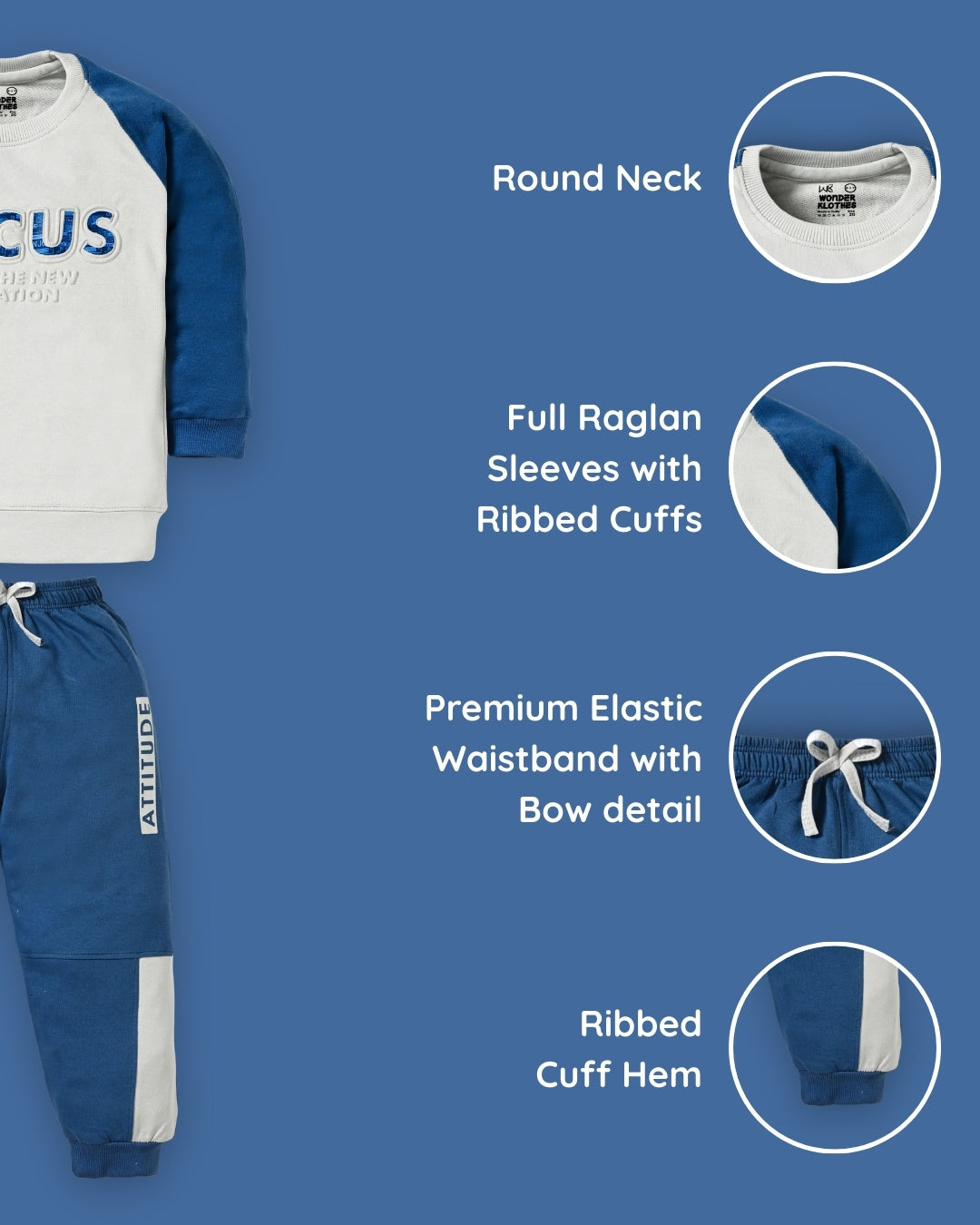Focus Raglan Full Sleeves Sweatshirt and Joggers Set | Blue