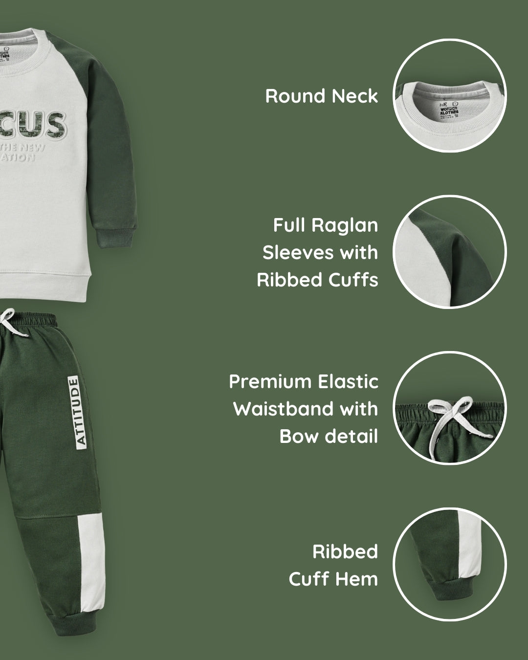 Focus Raglan Full Sleeves Sweatshirt and Joggers Set | Green