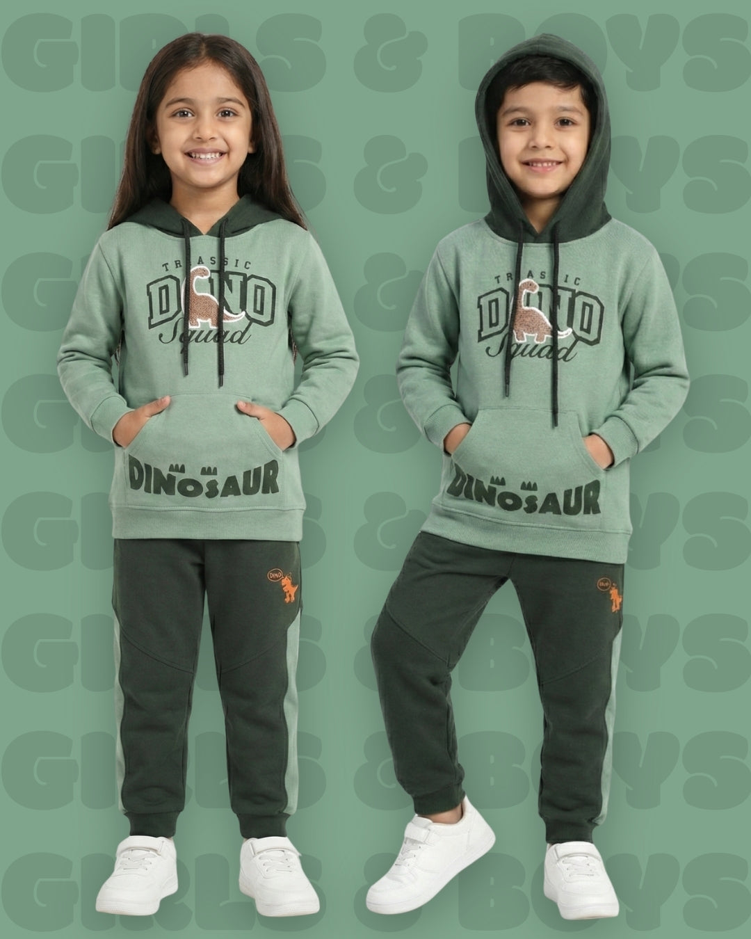 Dino Squad Full Sleeves Hooded Sweatshirt & Joggers Set | Green
