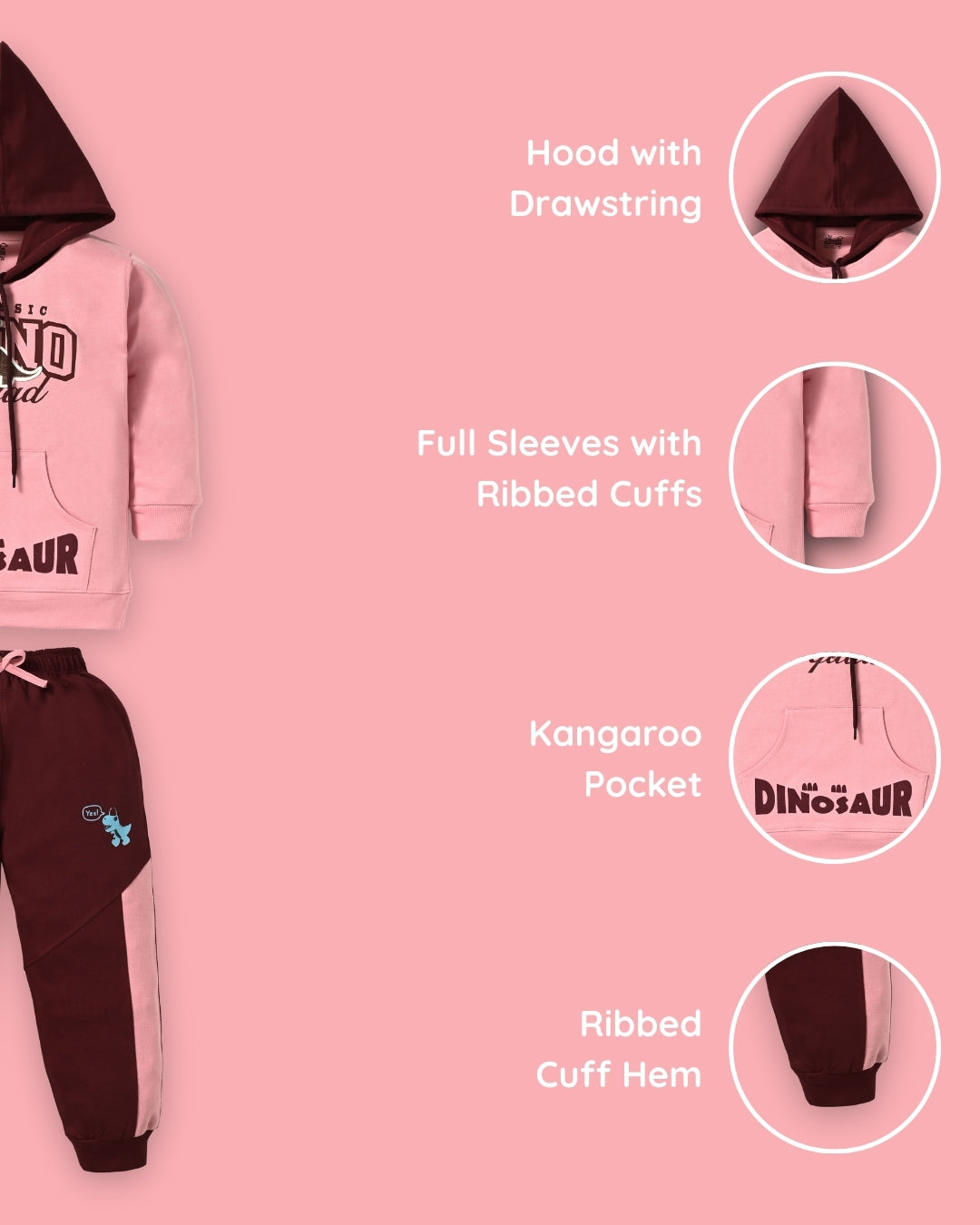 Dino Squad Full Sleeves Hooded Sweatshirt & Joggers Set | Pink
