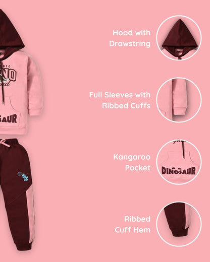 Dino Squad Full Sleeves Hooded Sweatshirt & Joggers Set | Pink