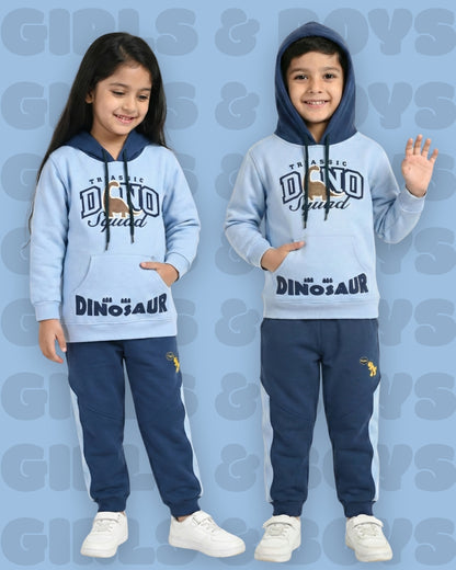 Dino Squad Full Sleeves Hooded Sweatshirt & Joggers Set | Blue