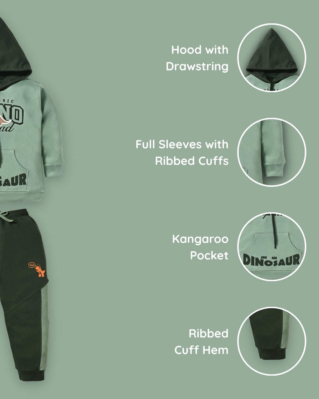 Dino Squad Full Sleeves Hooded Sweatshirt & Joggers Set | Green