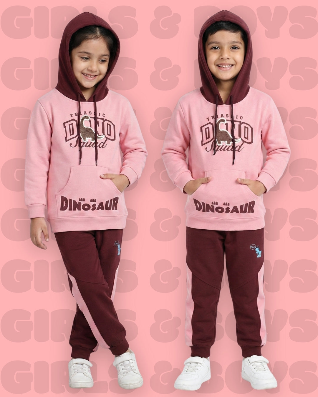 Dino Squad Full Sleeves Hooded Sweatshirt & Joggers Set | Pink