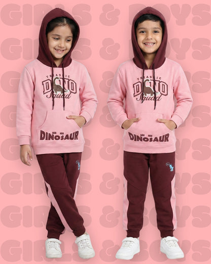 Dino Squad Full Sleeves Hooded Sweatshirt & Joggers Set | Pink