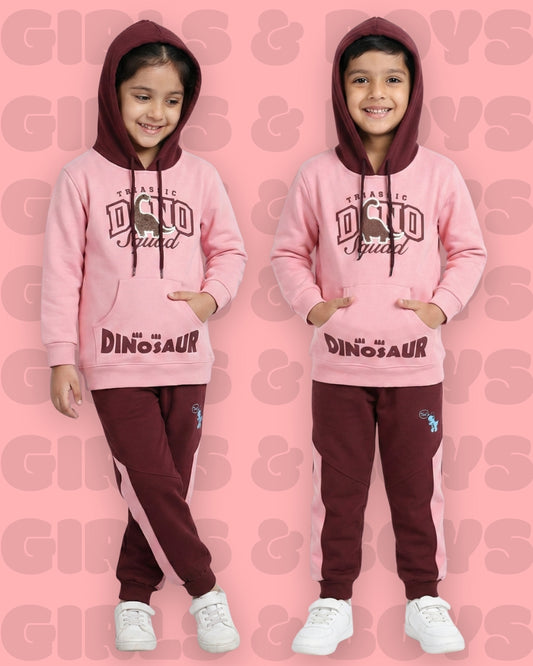 Dino Squad Full Sleeves Hooded Sweatshirt & Joggers Set | Pink