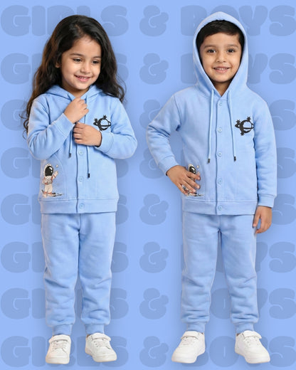 Little Astronaut Full Sleeves Fleece Front-Open Hooded Sweatshirt and Joggers Set | Blue