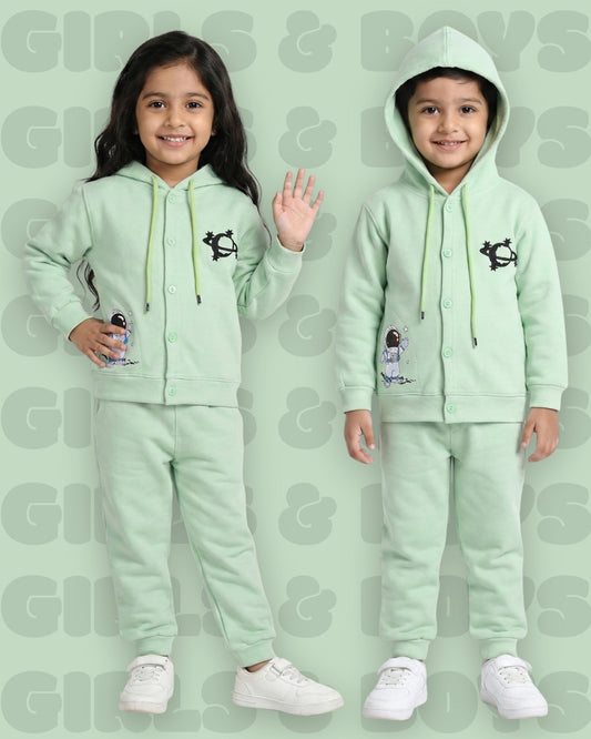 Little Astronaut Full Sleeves Fleece Front-Open Hooded Sweatshirt and Joggers Set | Green