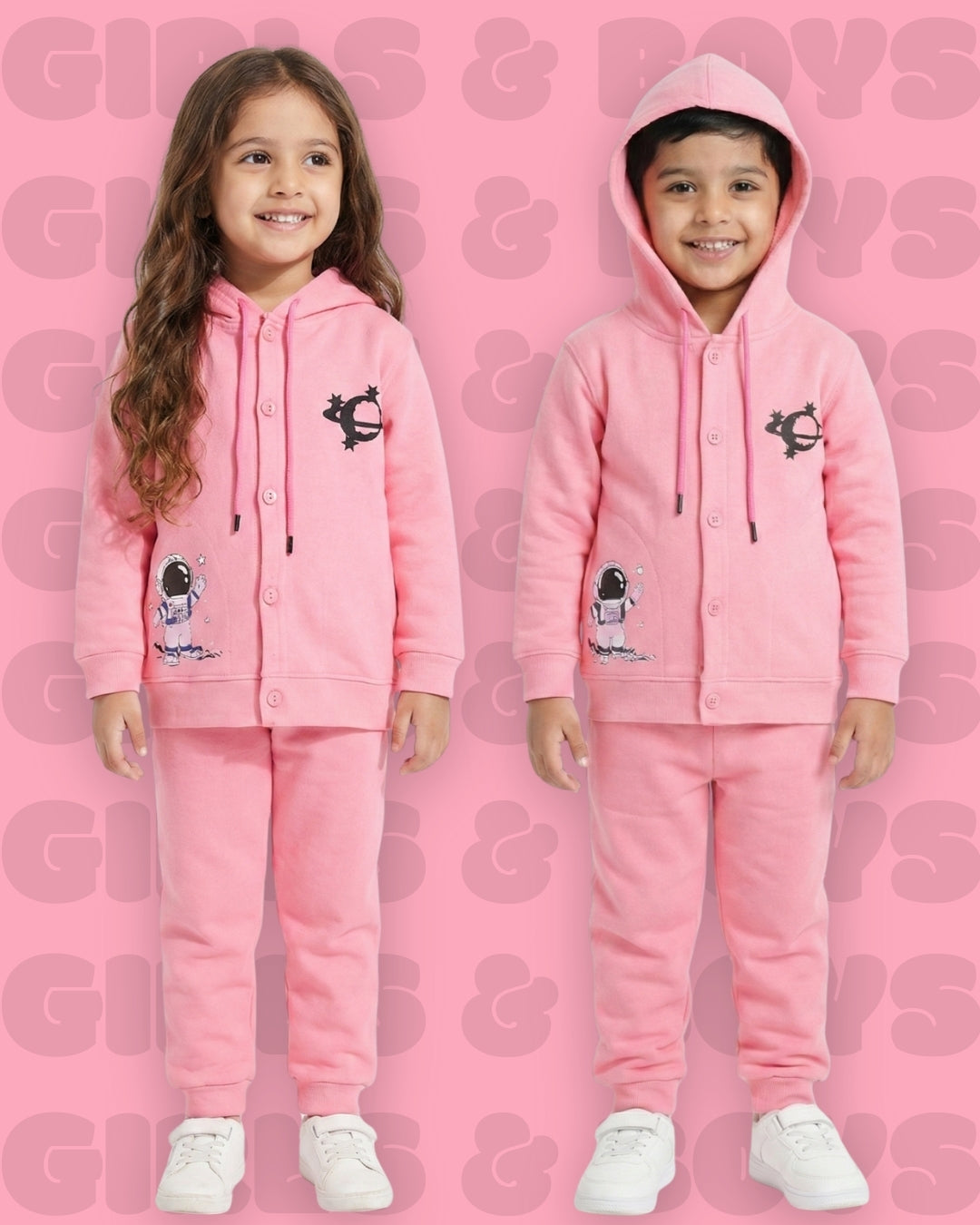 Little Astronaut Full Sleeves Fleece Front-Open Hooded Sweatshirt and Joggers Set | Pink