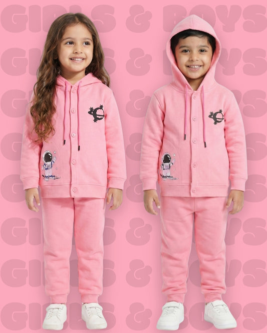 Little Astronaut Full Sleeves Fleece Front-Open Hooded Sweatshirt and Joggers Set | Pink