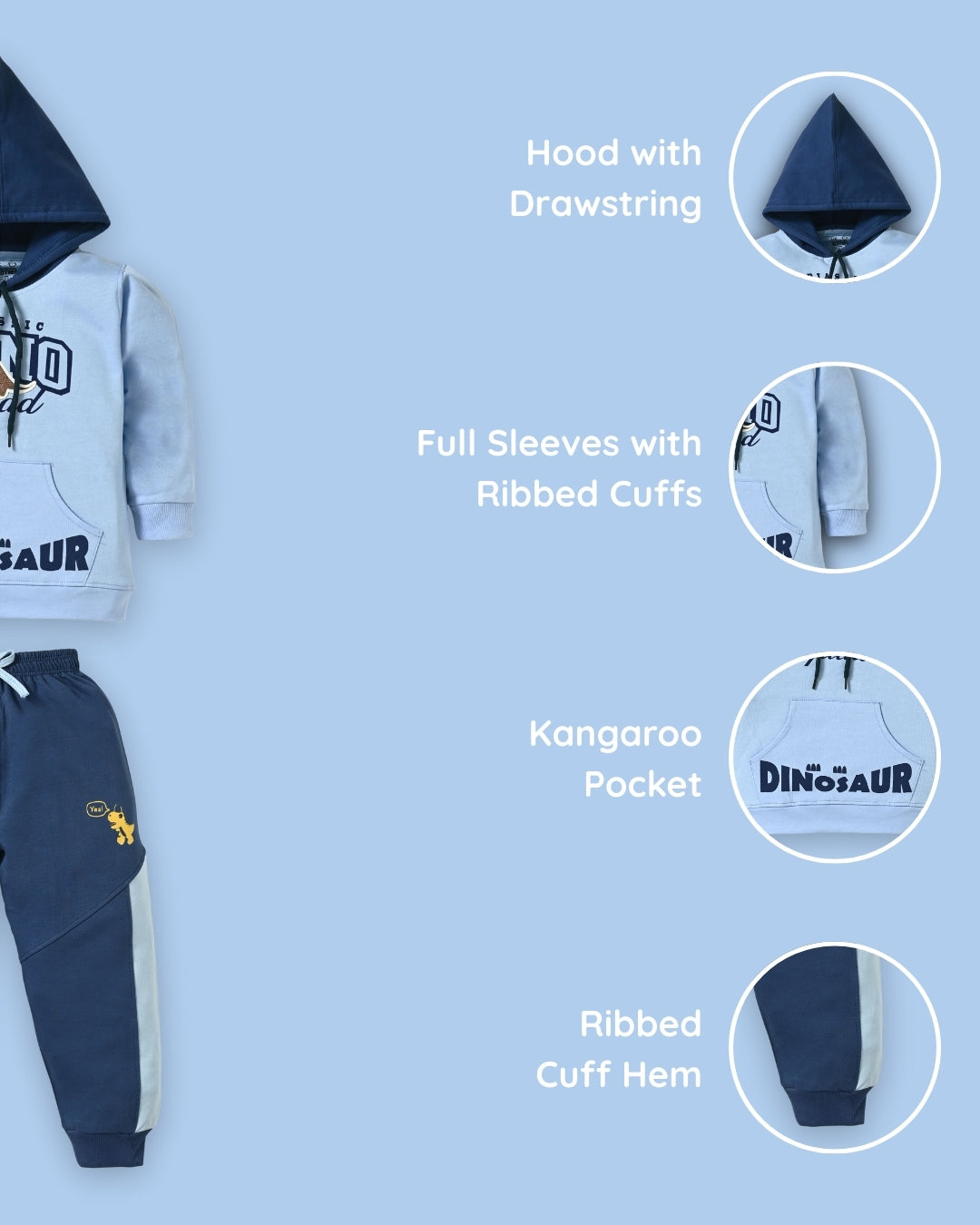 Dino Squad Full Sleeves Hooded Sweatshirt & Joggers Set | Blue
