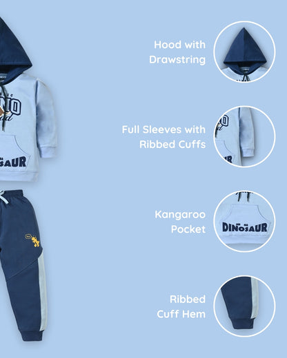 Dino Squad Full Sleeves Hooded Sweatshirt & Joggers Set | Blue