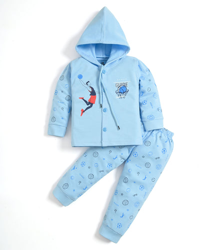 Basketball Full Sleeves Front Open Hooded Sweatshirt & Joggers Set | Blue