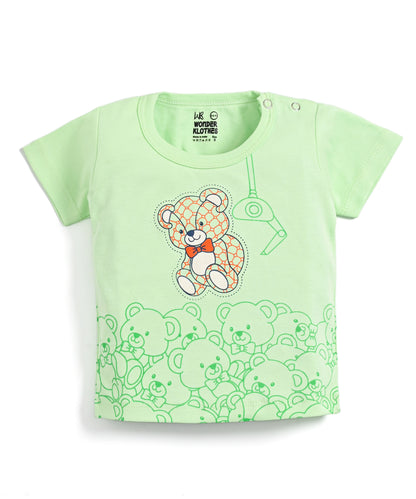 Teddy Bear Half Sleeves Shoulder Open T-Shirt & Half Pant Set | Green