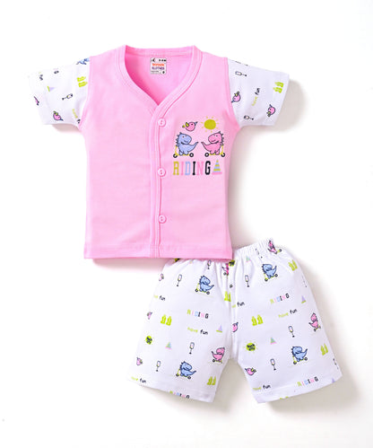 Dino Rides Half Sleeves & Sleeveless Front Open T-Shirt & Half Pant Set | Pink | Pack of 2