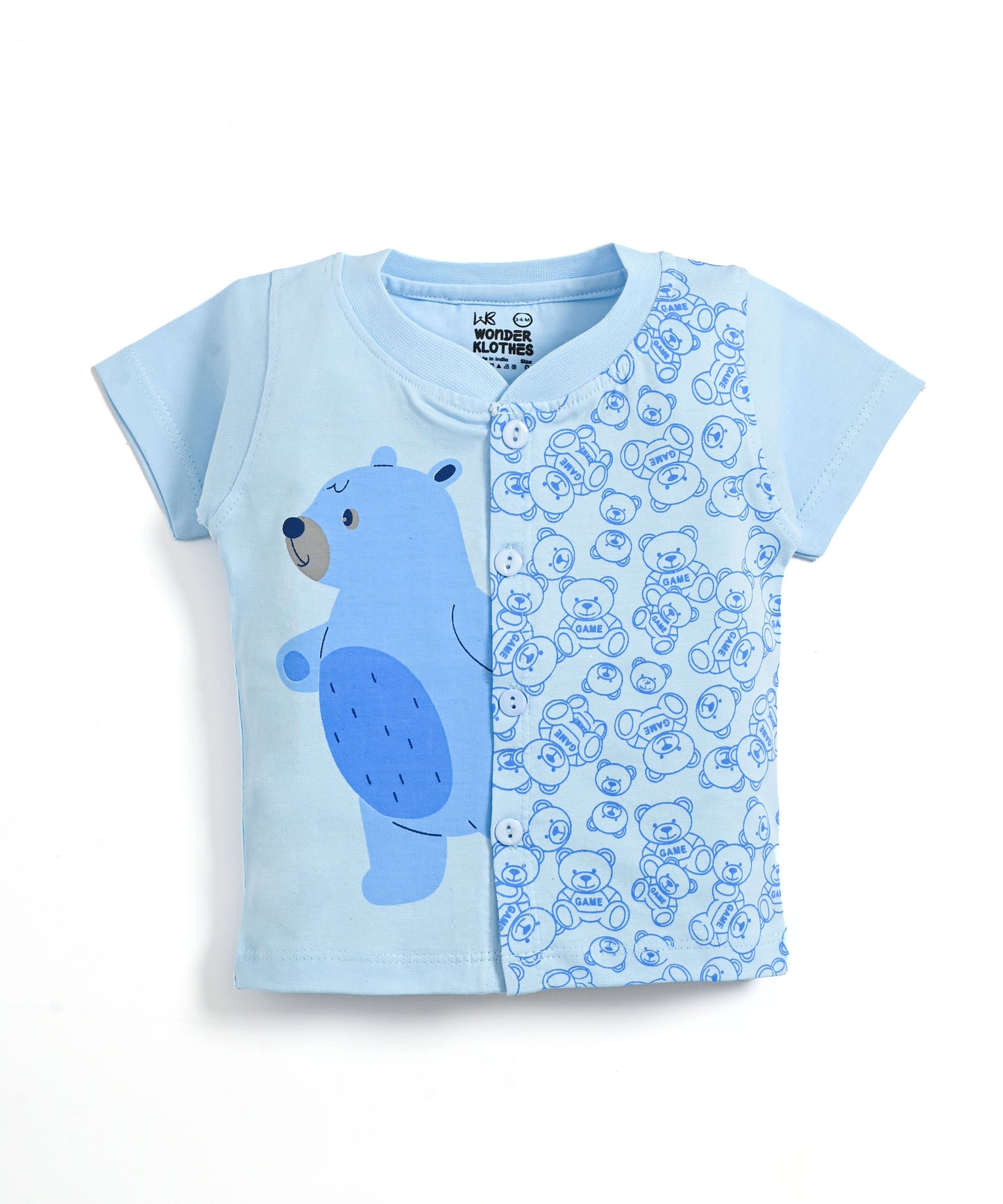 Cute Bear Half Sleeves Front Open T-Shirt & Half Pant Set | Blue