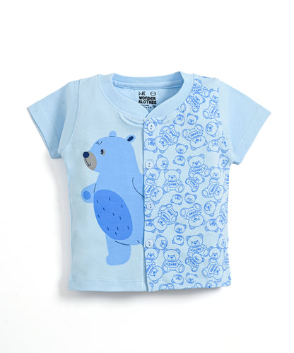 Cute Bear Half Sleeves Front Open T-Shirt & Half Pant Set | Blue