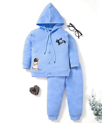 Little Astronaut Full Sleeves Fleece Front-Open Hooded Sweatshirt and Joggers Set | Blue