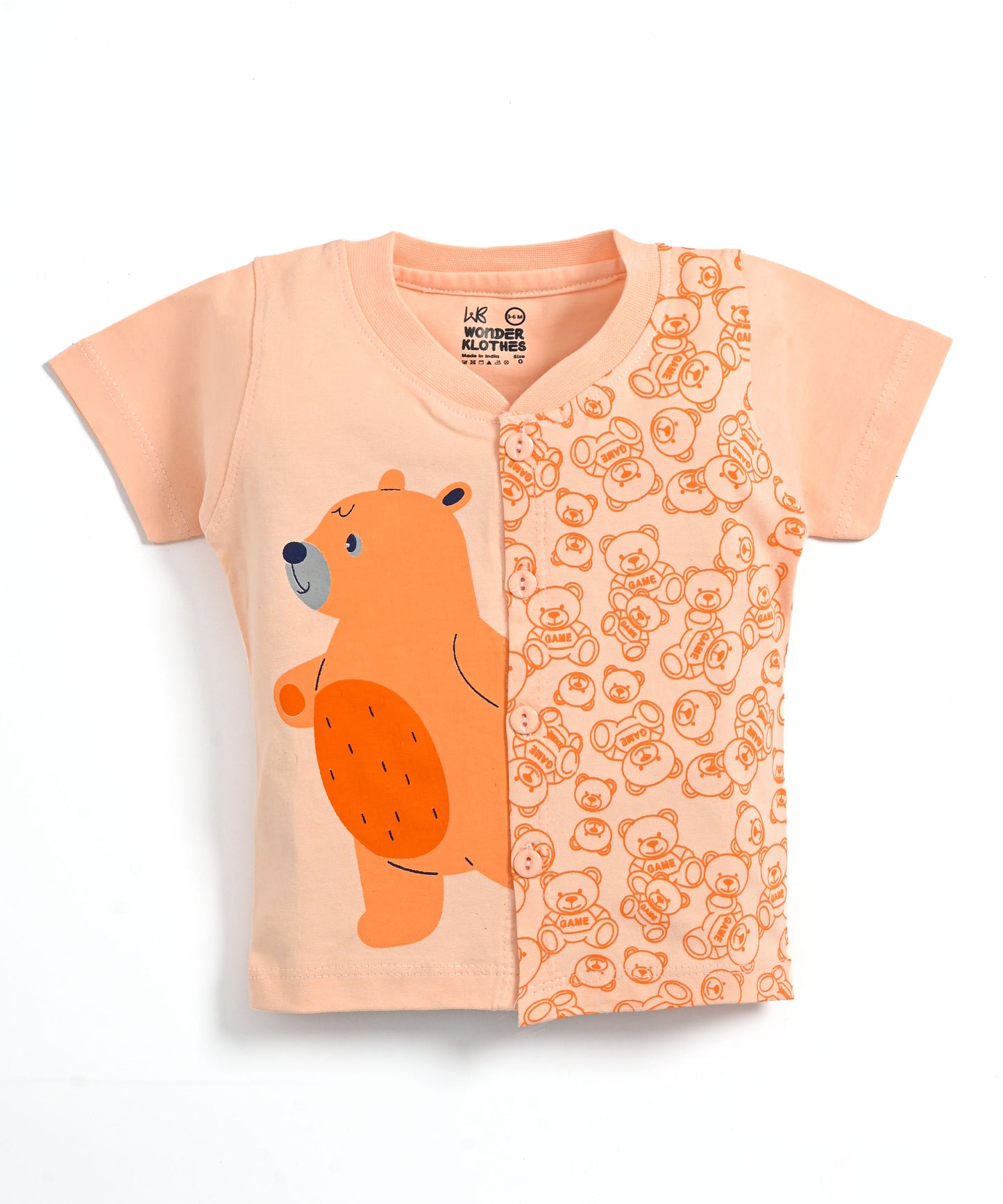 Cute Bear Half Sleeves Front Open T-Shirt & Half Pant Set | Orange