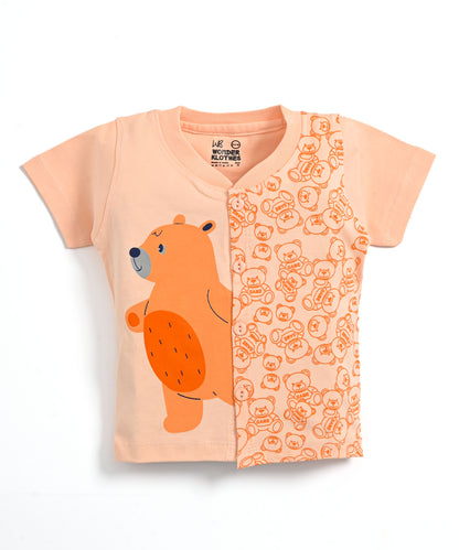 Cute Bear Half Sleeves Front Open T-Shirt & Half Pant Set | Orange