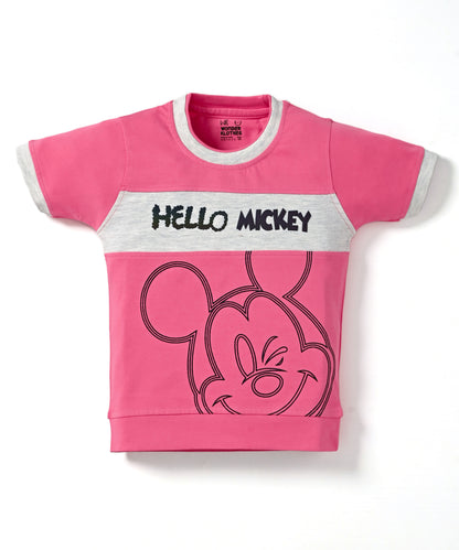 Hello Mickey Half Sleeves T-Shirt & Shorts Set | Pink