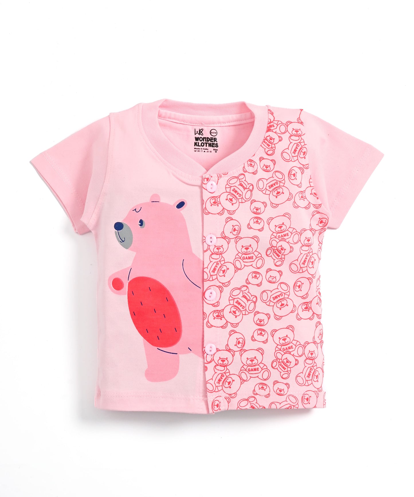 Cute Bear Half Sleeves Front Open T-Shirt & Half Pant Set | Pink