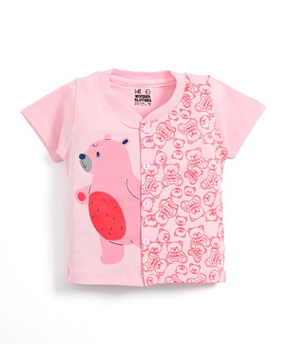 Cute Bear Half Sleeves Front Open T-Shirt & Half Pant Set | Pink