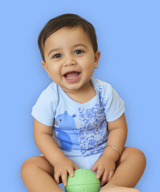 Cute Bear Half Sleeves Front Open T-Shirt & Half Pant Set | Blue