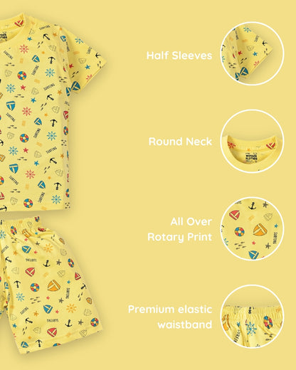 Surfing Beach and Moon Space Half Sleeves T-Shirt & Half Pant Set | Pack of 2