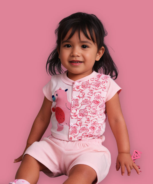Cute Bear Half Sleeves Front Open T-Shirt & Half Pant Set | Pink