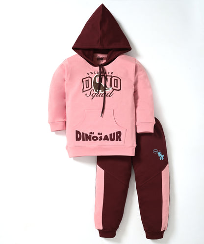 Dino Squad Full Sleeves Hooded Sweatshirt & Joggers Set | Pink