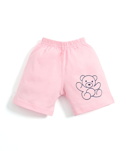 Cute Bear Half Sleeves Front Open T-Shirt & Half Pant Set | Pink