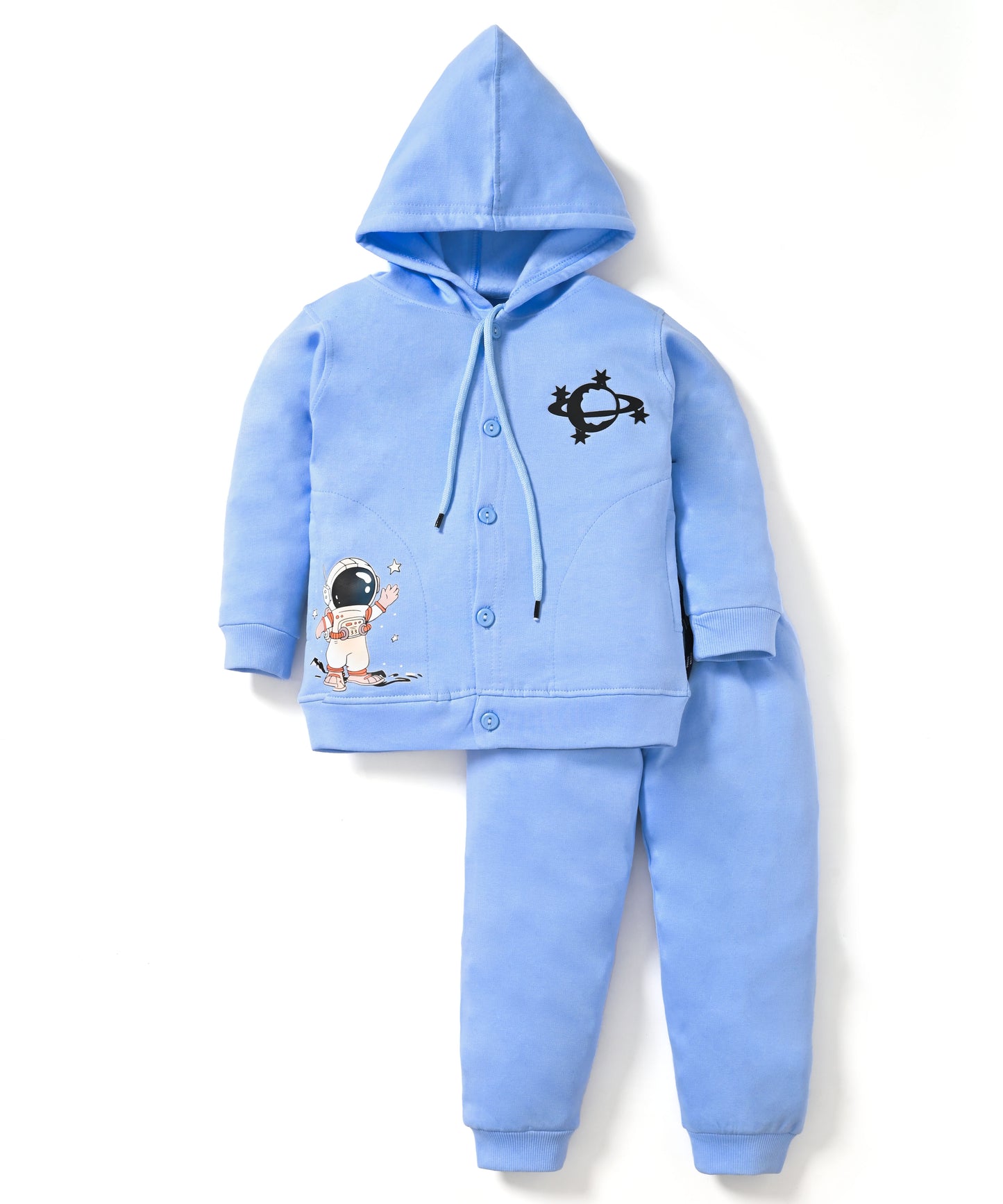 Little Astronaut Full Sleeves Fleece Front-Open Hooded Sweatshirt and Joggers Set | Blue