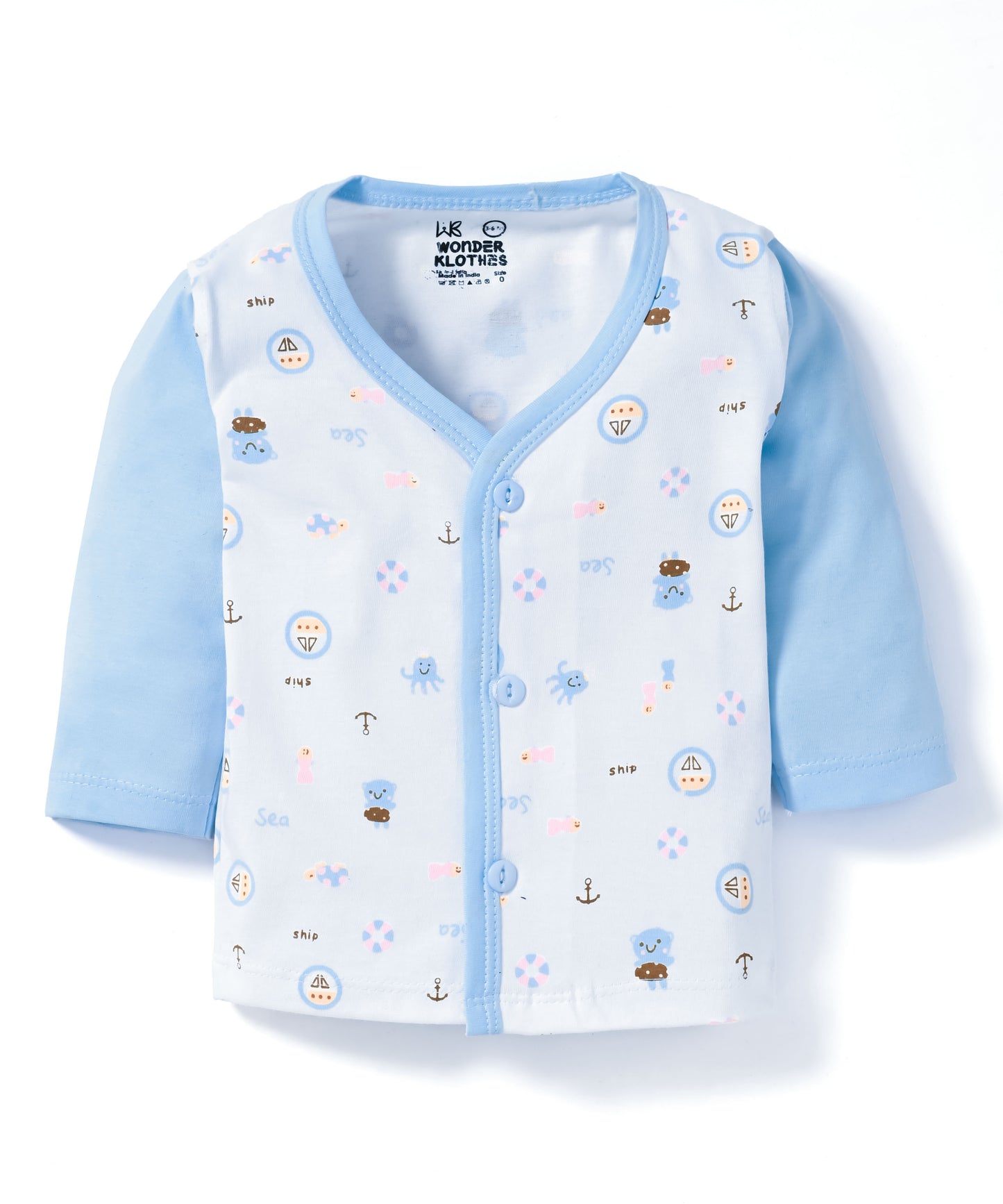 Sea Ship Full Sleeves Front Open T-Shirt & Pyjama Set with Bib | Blue