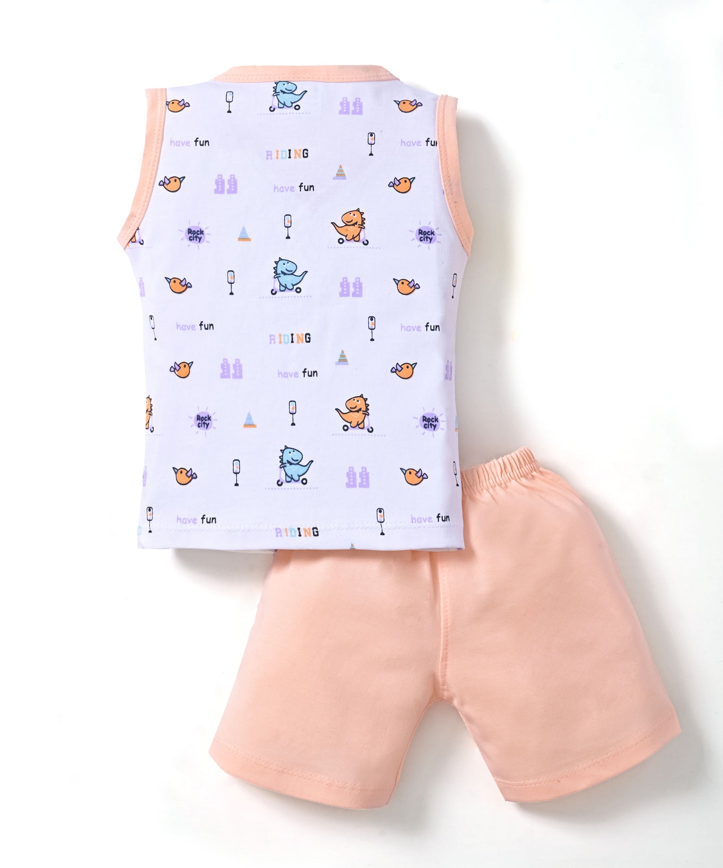 Dino Rides Half Sleeves & Sleeveless Front Open T-Shirt & Half Pant Set | Orange | Pack of 2