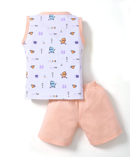 Dino Rides Half Sleeves & Sleeveless Front Open T-Shirt & Half Pant Set | Orange | Pack of 2