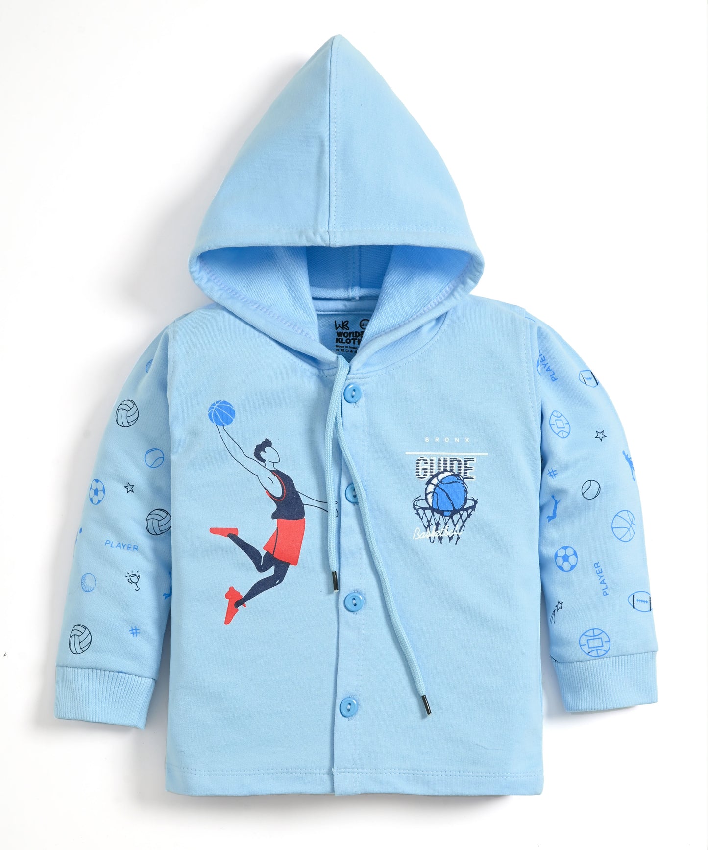 Basketball Full Sleeves Front Open Hooded Sweatshirt & Joggers Set | Blue