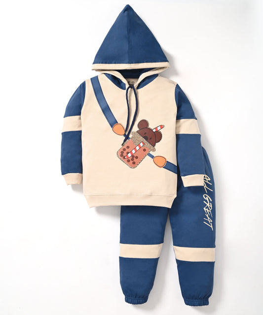 Boba Bear Full Sleeves Hooded Sweatshirt and Joggers Set | Blue